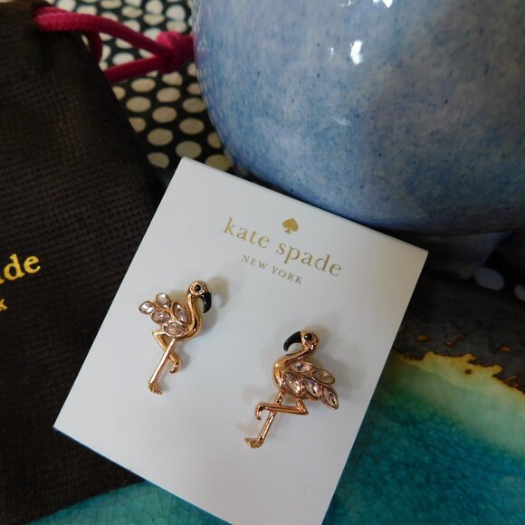 New kate spade NY Bird’s the Word rose gold, pink glass stone flamingo earrings - Picture 2 of 16
